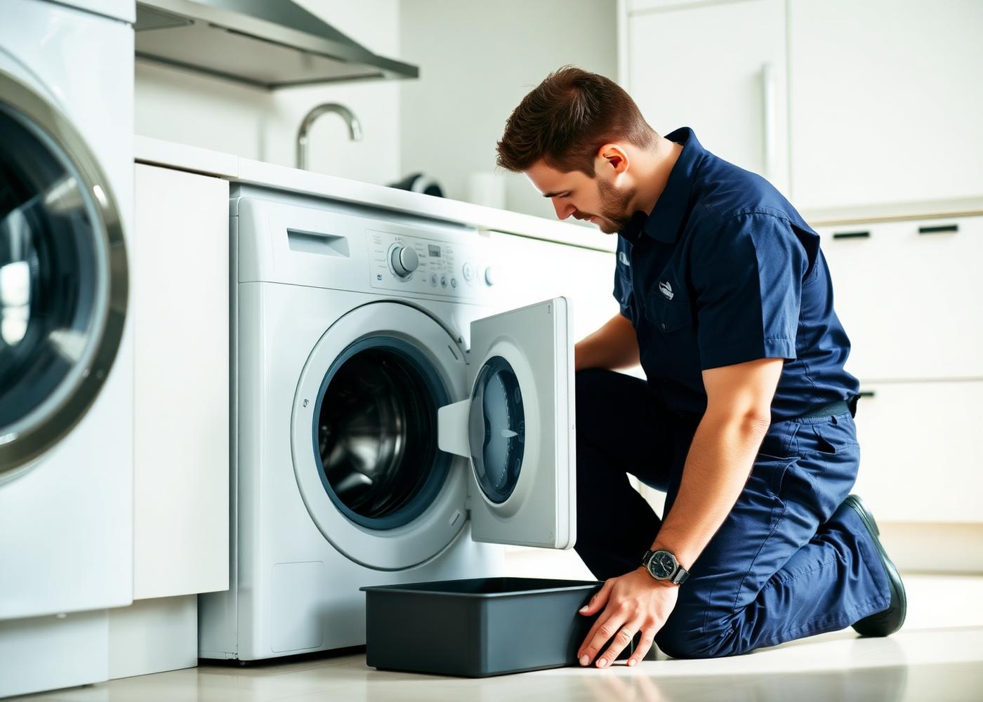 Appliance engineer repairing a washing machine in a modern kitchen